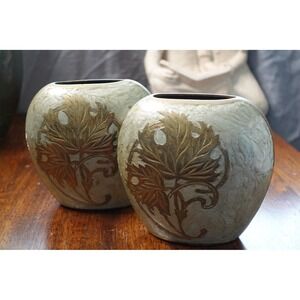 Pair‎ Decorative Brass Vases Round Pot Style Gold Leaf Design Home Decor